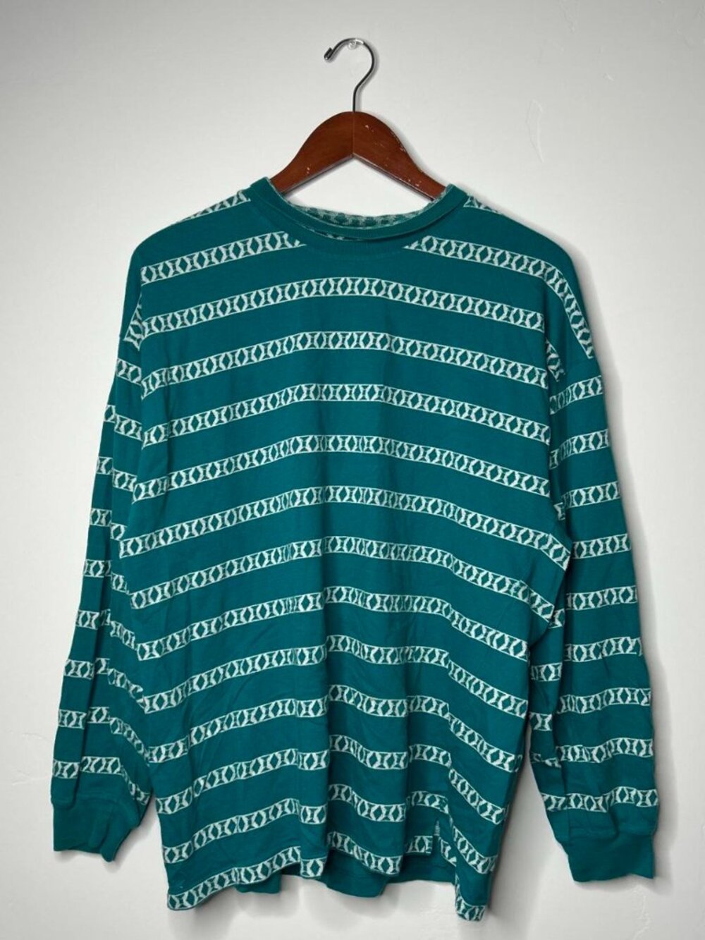 80s London Fog Teal and white Cotton Geometric Pattern long sleeve shirt